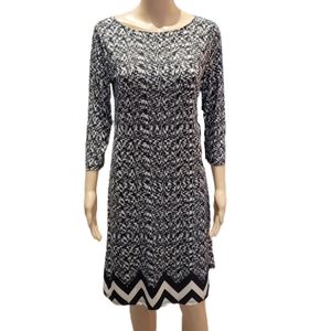 Tacera Black and Cream Printed 3/4 Sleeve Dress Small